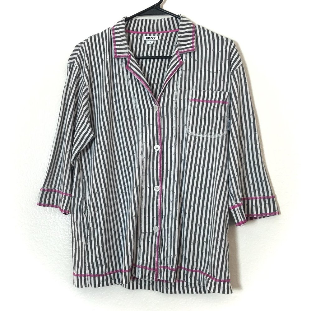 DKNY Sleep Shirt Pajama Top Gray White Striped M